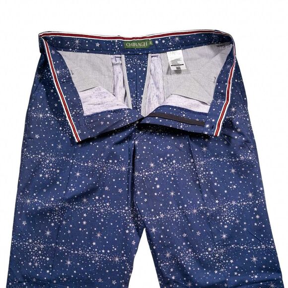 Mens 34 Chino Pants Navy Blue Star Print Straight Fit Flat Front Dress Trousers - Picture 6 of 10